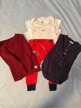 Carter's White Bodysuits with Red Firetruck Pants and Navy & Burgundy Tops